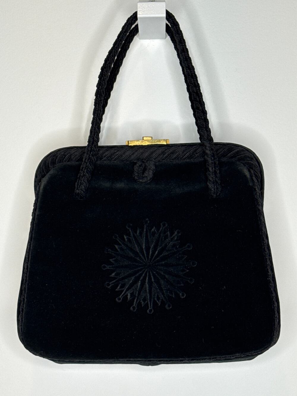 OOAK 1950s Black Velvet Evening Bag w/ Starburst Embossed brass lock top handle